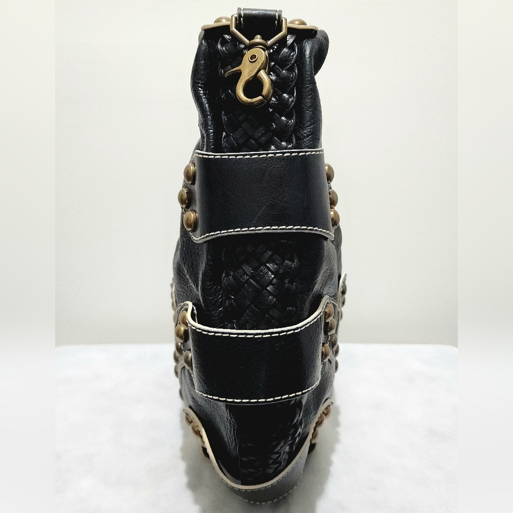 Isabella Fiore Black Leather Studded Braided Hobo Shoulder Bag Boho Western Chic - Picture 6 of 15
